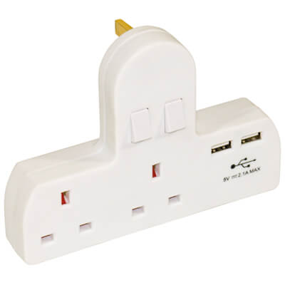 Two Gang Switched Mains Adaptor with 2 x USB Charging Points