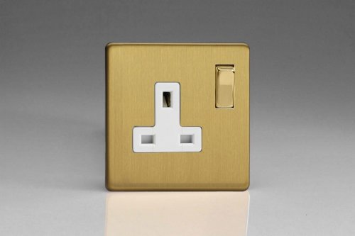 Varilight 1 Gang 13 Amp Double Pole Switched Socket Screwless Brushed Brass Effect Finish With White Socket and Polished Brass Switch