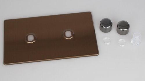 Varilight Matrix 2-Gang Double Plate Unpopulated Dimmer Kit. Screwless Brushed Bronze Effect Finish