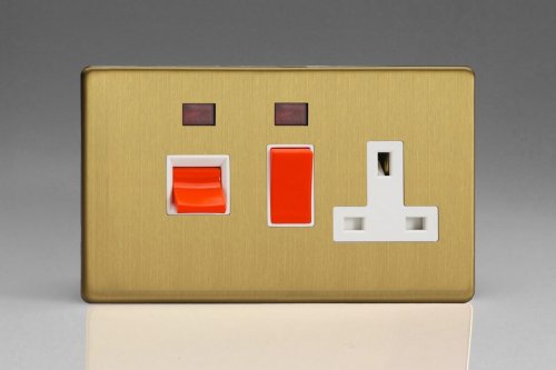 Varilight 45 Amp Double Pole Horizontal Cooker Panel with 13 Amp Switched Socket and Neon Screwless Brushed Brass Effect Finish With Red Switches and White Socket and Trim