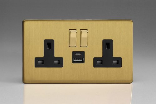 Varilight 2 Gang 13 Amp Single Pole Switched Socket with USB-A and USB-C Charging Ports With Qualcomm QuickCharge 3.0 Screwless Brushed Brass Effect Finish With Black Sockets and Trim, and Polished Brass Switches