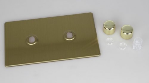 Varilight Matrix 2-Gang Double Plate Unpopulated Dimmer Kit. Screwless Brushed Brass Effect Finish