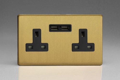 Varilight 2 Gang 13 Amp Single Pole Unswitched Socket with 2 Optimised USB Charging Ports Screwless Brushed Brass Effect Finish With Black Sockets and Trim