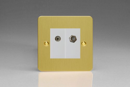 Varilight 2 Gang Comprising of White Co-axial TV and Satellite TV Socket Ultra Flat Brushed Brass Effect Finish
