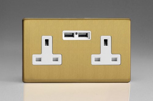 Varilight 2 Gang 13 Amp Single Pole Unswitched Socket with 2 Optimised USB Charging Ports Screwless Brushed Brass Effect Finish With White Sockets and Trim