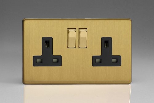 Varilight 2 Gang 13 Amp Double Pole Switched Socket Screwless Brushed Brass Effect Finish With Black Sockets and Polished Brass Switches