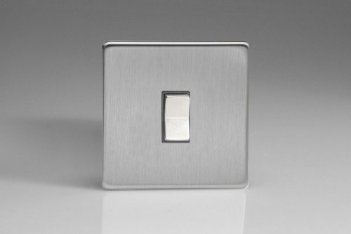 Varilight 1 Gang 10 Amp 2 Way & Off Retractive Switch Screwless Brushed Stainless Steel With Brushed Steel Switch, and Grey Trim