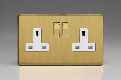 Varilight 2 Gang 13 Amp Double Pole Switched Socket Screwless Brushed Brass Effect Finish With White Sockets and Polished Brass Switches