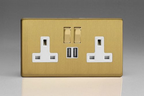 Varilight 2 Gang 13 Amp Single Pole Switched Socket with 2 x 5V DC 2.1 Amp USB Charging Ports Screwless Brushed Brass Effect Finish With White Sockets and Trim, and Polished Brass Switches