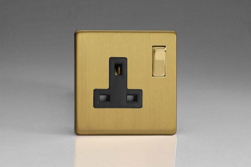 Varilight 1 Gang 13 Amp Double Pole Switched Socket Screwless Brushed Brass Effect Finish With Black Socket and Polished Brass Switch