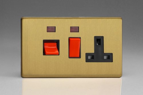 Varilight 45 Amp Double Pole Horizontal Cooker Panel with 13 Amp Switched Socket and Neon Screwless Brushed Brass Effect Finish With Red Switches and Black Socket and Trim