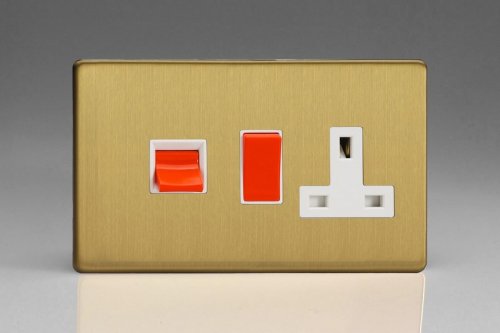 Varilight 45 Amp Double Pole Horizontal Cooker Panel with 13 Amp Switched Socket Screwless Brushed Brass Effect Finish With Red Switches and White Socket and Trim