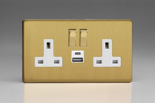 Varilight 2 Gang 13 Amp Single Pole Switched Socket with USB-A and USB-C Charging Ports With Qualcomm QuickCharge 3.0 Screwless Brushed Brass Effect Finish With White Sockets and Trim, and Polished Brass Switches