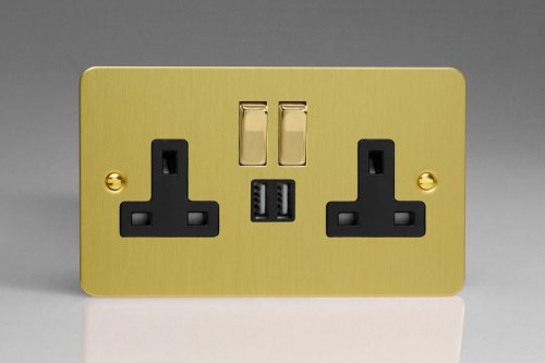 Varilight 2 Gang 13 Amp Single Pole Switched Socket with 2 x 5V DC 2.1 Amp USB Charging Ports Ultra Flat Brushed Brass Effect Finish