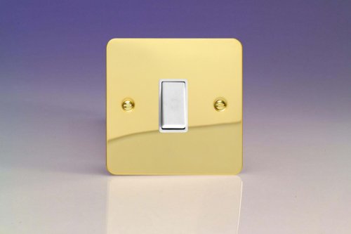 Varilight 1 Gang 10 Amp Push-to-make, Bell Push, Retractive White Switch Ultra Flat Polished Brass Coated